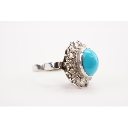 120 - Ex Collection of Mariam Jans Daughter. A antique high carat white gold turquoise set ring, surrounde... 