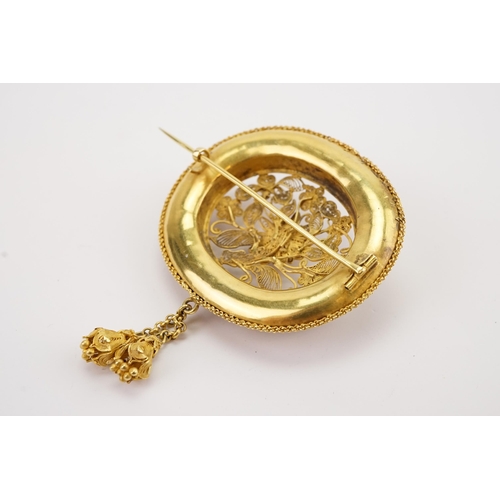 103 - Ex Collection of Mariam Jan (Merjan). A Iranian high carat gold and pearl set filigree brooch, along... 