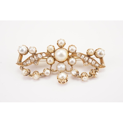 108 - Ex Collection of Mariam Jan (Merjan). A mid carat gold pearl and natural cut diamond set brooch, set... 