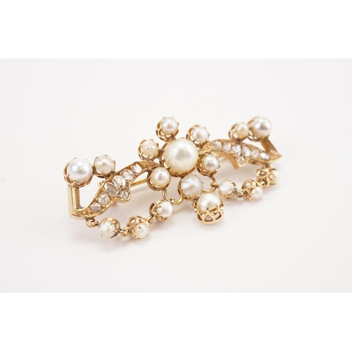 108 - Ex Collection of Mariam Jan (Merjan). A mid carat gold pearl and natural cut diamond set brooch, set... 