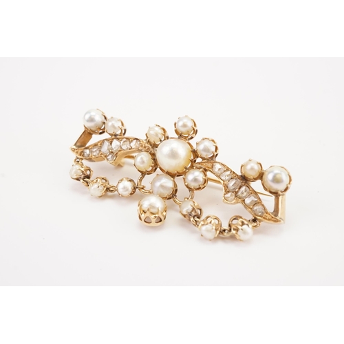 108 - Ex Collection of Mariam Jan (Merjan). A mid carat gold pearl and natural cut diamond set brooch, set... 