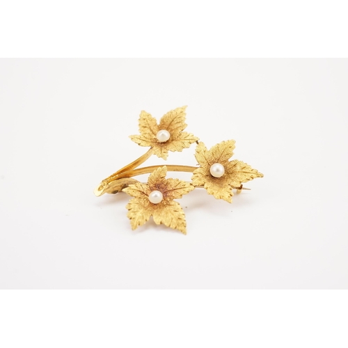 116 - Ex Collection of Mariam Jans Daughter. A mid carat gold seed pearl set brooch, in the leaf design. W... 