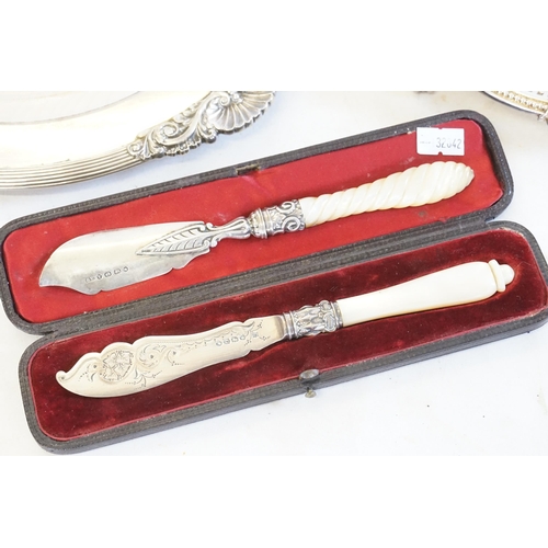 52 - A Silver Plated Tray along with a Silver Plated Salver & a Cased Set of Mother of Pearl Knives.