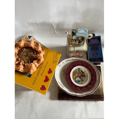 540 - A Bound Punch Magazine, Pig Clock, Post Cards from the Boys, Tea Pot, Plates,  etc.