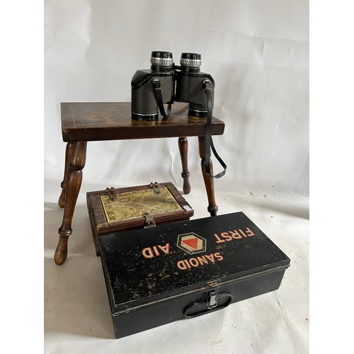 518 - A Poker Work Stool, a First Aid Tin Box, Binoculars, etc.