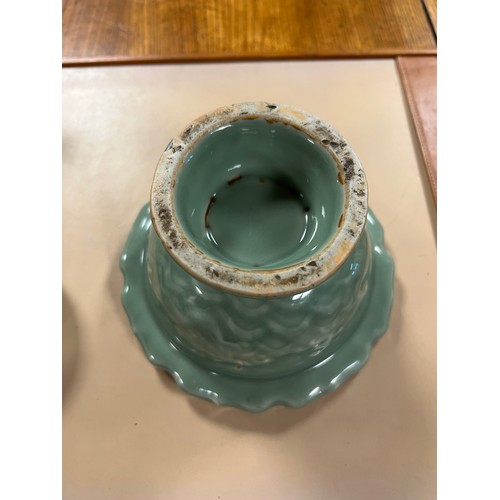 603 - Ex Collection of Rev. John Gage Waller. A Celadon Glazed Incense Stand, a Brush Washer & a Green Gla... 