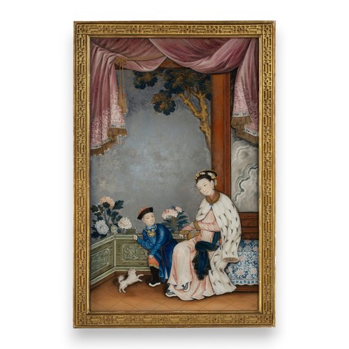 272 - A Scarce 18th Century Chinese Export Mirror Painting contained in a Gilt Frame. Measuring: 60cms x 9... 