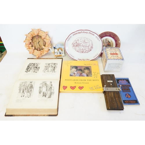 522 - A Set of 6 Boxed Crystal Glasses, Bound Punch Magazine, Pig Clock, Post Cards from the Boys, Tea Pot... 