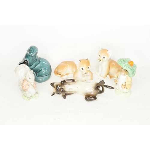 502 - A Gold Back Stamped Beatrix Potter Benjamin Bunny, Timmy Tiptoes & three other Animal ornaments.