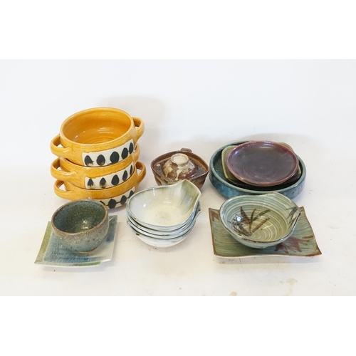 456 - A Collection of Japanese Brown & Blue speckled pottery to include Stands, Dishes, etc.