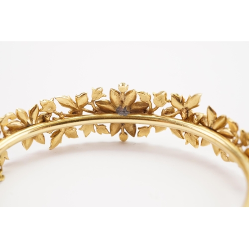 98 - A high carat gold rose cut diamond and seed pearl set bracelet, in a floral leaf design, safety chai... 