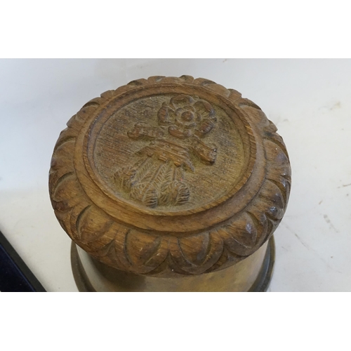 303 - A WWI Brass Shell Case for a 4.5 Howitzer with a carved wooden Rose & Plumb Carved by a German Priso... 