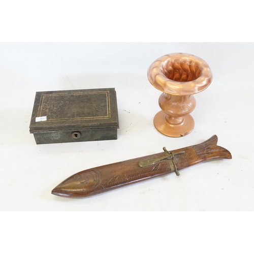 530 - A Malaysian Fish Knife in Scabbard carved as a Fish, a Tin Box & a Vase.