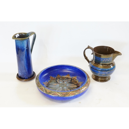 477 - A Denby Deep Blue Glazed Thumb Pressed handled Jug, a 1930s Art Deco Chameleon Ware Fruit Bowl & a C... 