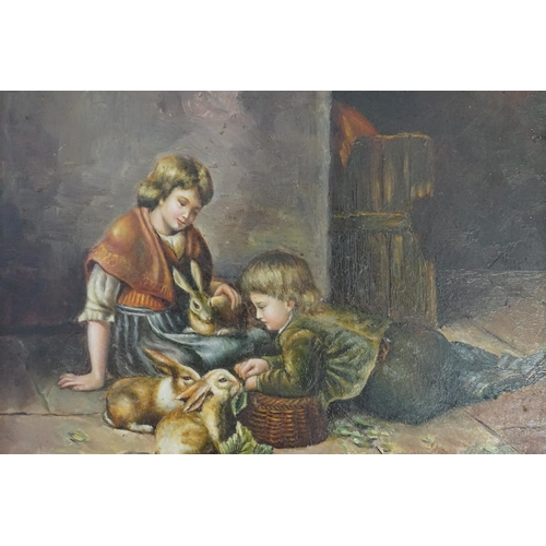 363 - A painting of Two Children playing with Rabbits in a Gilt Frame Signed LC. Measuring: 46cms x 40cms.