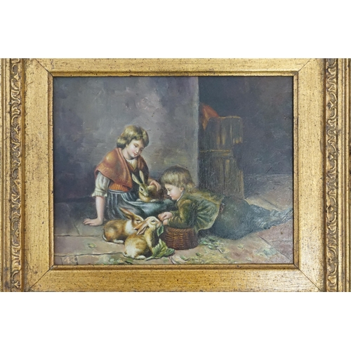 363 - A painting of Two Children playing with Rabbits in a Gilt Frame Signed LC. Measuring: 46cms x 40cms.