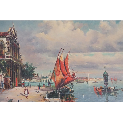 364 - A painting of Venice Harbour Scene with Ships & Palaces contained in a Gilt Frame. Measuring: 50cms ... 