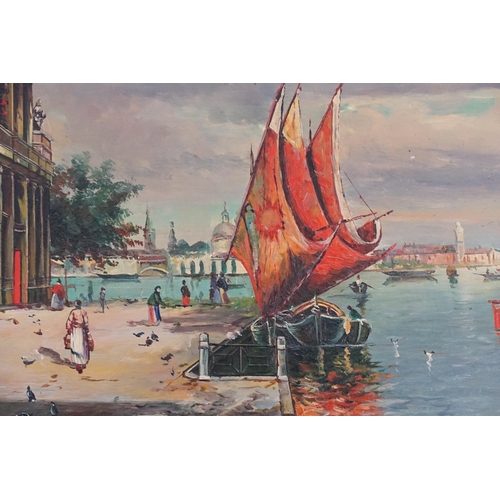 364 - A painting of Venice Harbour Scene with Ships & Palaces contained in a Gilt Frame. Measuring: 50cms ... 