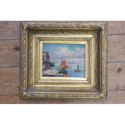 364 - A painting of Venice Harbour Scene with Ships & Palaces contained in a Gilt Frame. Measuring: 50cms ... 