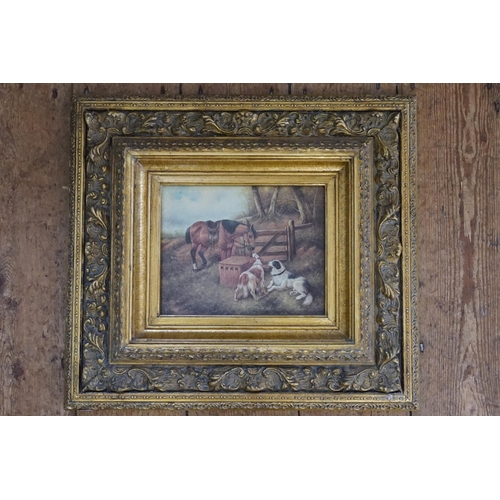 401 - A Picture depicting a Horse with Two Dogs in a gilt frame. Measuring: 47cms x 55cms.