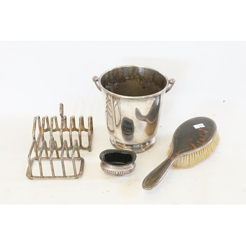 90 - A Silver mounted Tortoiseshell Brush, a Silver Plated Ice Bucket, a Silver Salt Cellar & Two Silver ... 