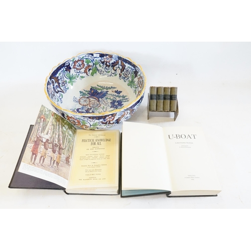 471 - An Ironstone Floral decorated Blue & Red Punch Bowl, a Needlework Set designed as Books, U-Boat Book... 