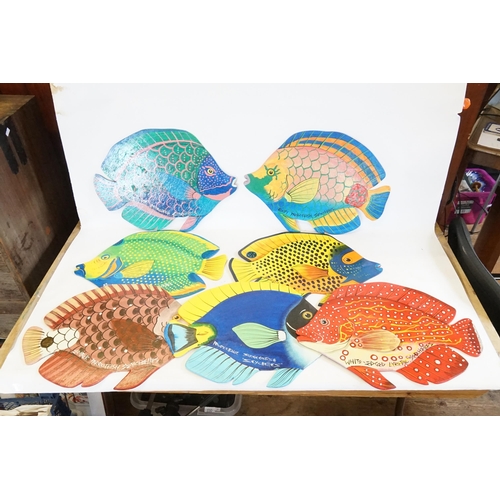 532 - A Set of 7 Seychelles Coloured Cut Out Studies of Tropical Fish. Measuring: 50cms across.