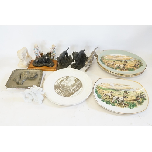 506 - Two Wedgwood St. Paul's Plates, Hunting Plates, Resin Dogs, Victorian Spill Vases, Dragon, etc.