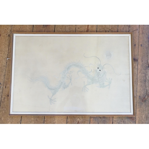 444 - A Needlework Study of a Dragon Chasing the Flaming Pearl, Framed & Glazed. Measuring: 62cms x 91cms.