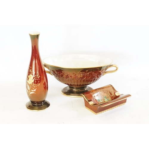 509 - A Carlton Ware Ash Tray, a Spill Vase & a Two Handled Bowl in the Rouge Royal pattern.