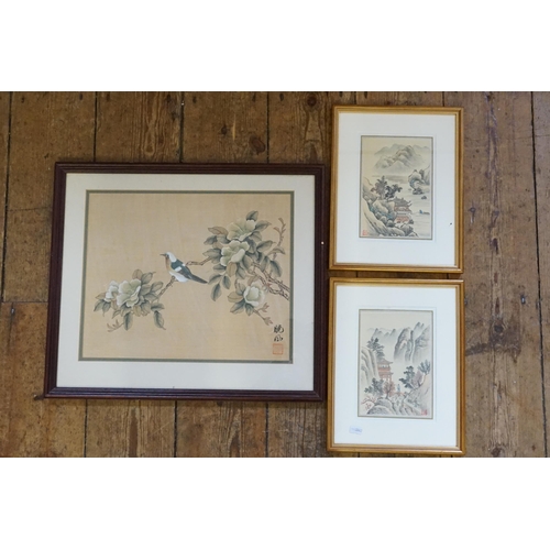 445 - Three various Silk Pictures of various Rocky Mountains & a Floral Bird, Framed & Glazed.