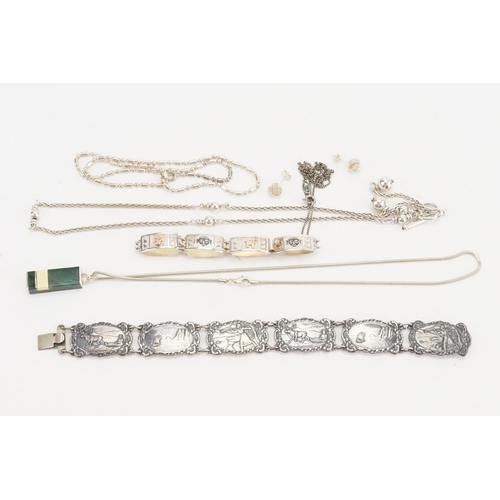 242 - A collection of various silver marked jewellery, including bracelets and chains, malachite pendant e... 