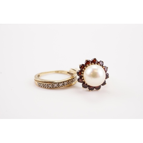 176 - A unmarked garnet and pearl set ring, along with a 9ct gold band. Weight total 5g.