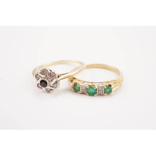 139 - 2 x 9ct Gold Rings one set with Green Stones & the other with Diamonds. Total Weight: 4.7gms.