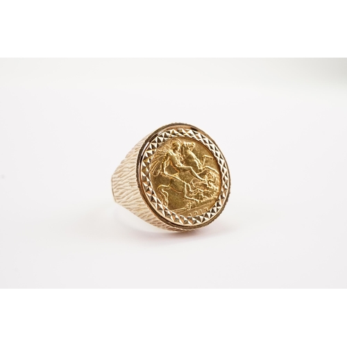 114 - A 1913 London Mint George V Half Sovereign mounted in a Bark Effect 9ct Gold Ring. Weighing 10 grams... 