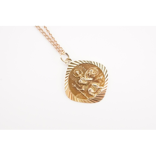 108 - A 9ct Gold St. Christopher in Art Deco scene on an Unmarked Gold Coloured Chain. Measuring: 64cms Lo... 