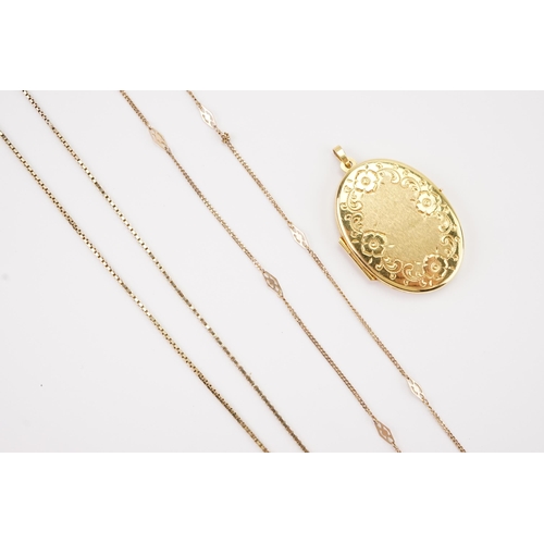 110 - A 9ct Gold Marked Contemporary Locket along with Two unmarked Chains.