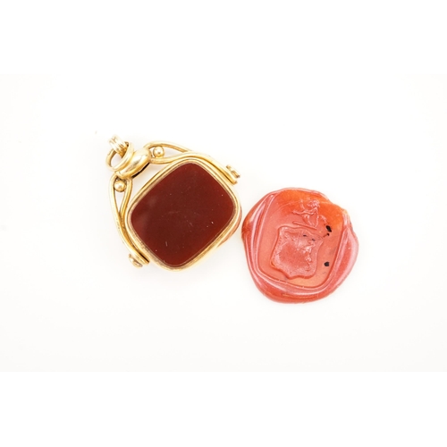 222 - A 18ct gold marked intaglio fob, mounted with a bloodstone and carnelian stone. Bloodstone depicts a... 