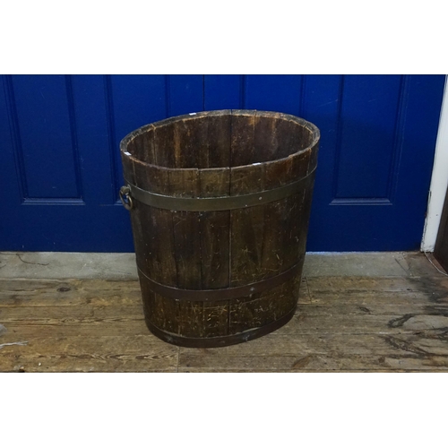 578 - A Large Brass Banded & Staved Oval Log Bin Grape Carrier with Swing Handles. Measuring: 60cms across... 