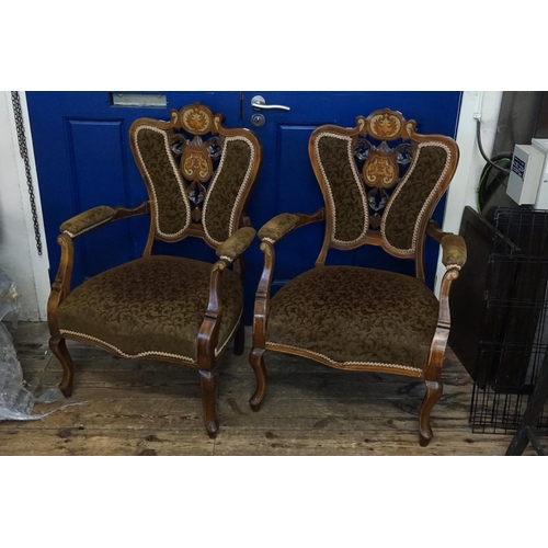 579 - A Pair of Inlaid Drawing Room Chairs resting on shaped feet, Hoop & Pierced Back & Upholstered in Gr... 