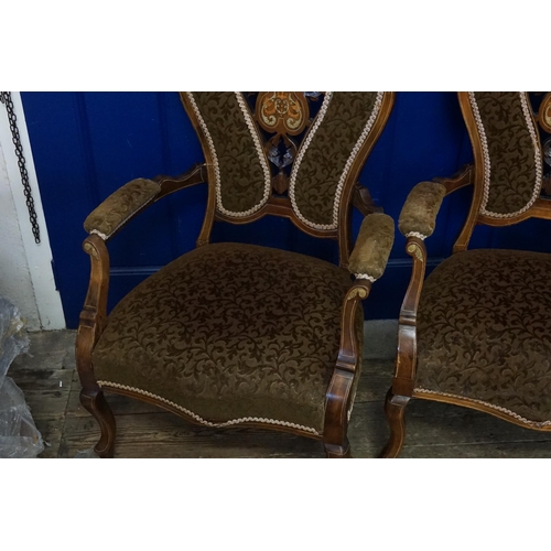 579 - A Pair of Inlaid Drawing Room Chairs resting on shaped feet, Hoop & Pierced Back & Upholstered in Gr... 