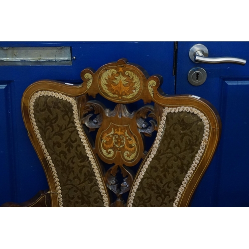 579 - A Pair of Inlaid Drawing Room Chairs resting on shaped feet, Hoop & Pierced Back & Upholstered in Gr... 