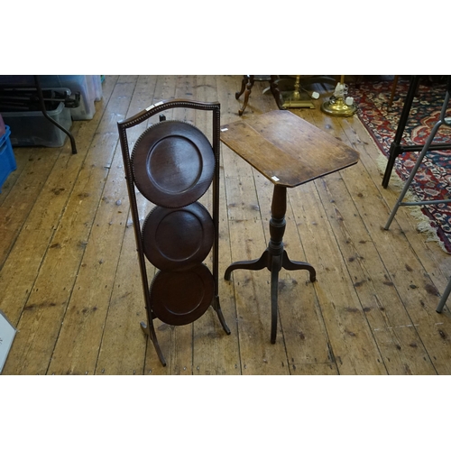 593 - A Georgian Mahogany Tripod Wine Table along with a Three Tiered 1920s Cake Stand.