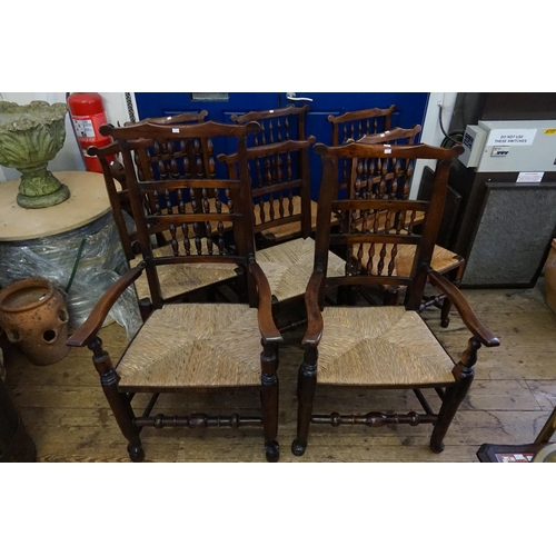 594 - A Collection of Eight Turned Back North Country Chestnut & Stained Dining Chairs to include two Elbo... 