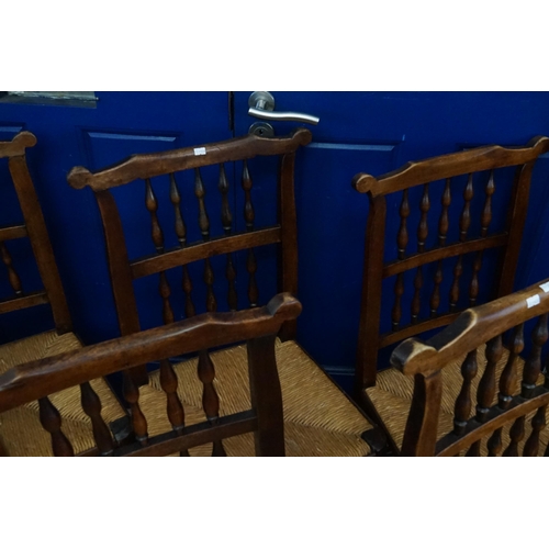 594 - A Collection of Eight Turned Back North Country Chestnut & Stained Dining Chairs to include two Elbo... 