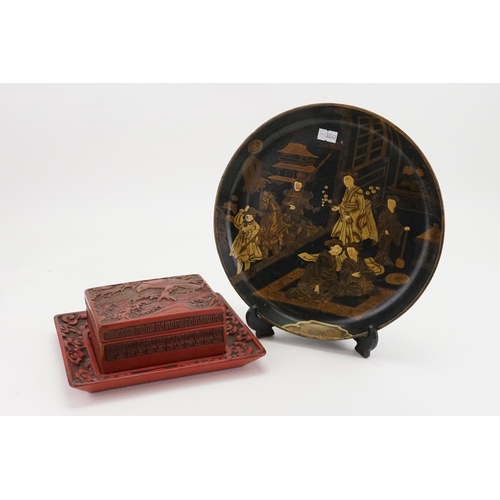 439 - A Cinnabar Lacquered Box & Tray depicting an Eagle & a Wolverhampton Lacquered Dish.