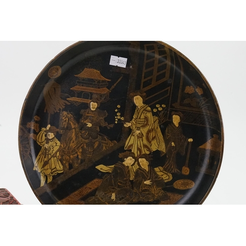 439 - A Cinnabar Lacquered Box & Tray depicting an Eagle & a Wolverhampton Lacquered Dish.