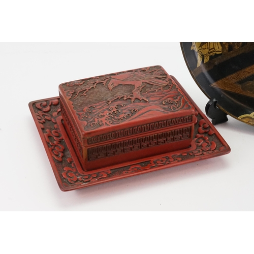 439 - A Cinnabar Lacquered Box & Tray depicting an Eagle & a Wolverhampton Lacquered Dish.