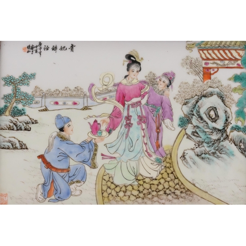 440 - A Chinese Porcelain Pottery Plaque depicting Maidens being served Tea in a Rocky Landscape with Red ... 