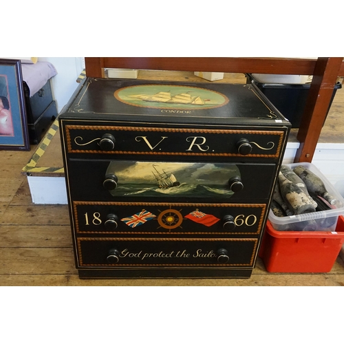 572 - A Reproduction Chest of Drawers Black Painted & Schooner Vignette Victoria Regina & Verse 